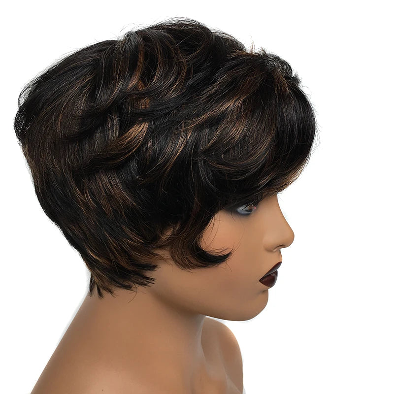 Cheap short human hair wigs, bob pixie cut human hair wig for women, Brazilian hair human hair wig, colored wig with bangs