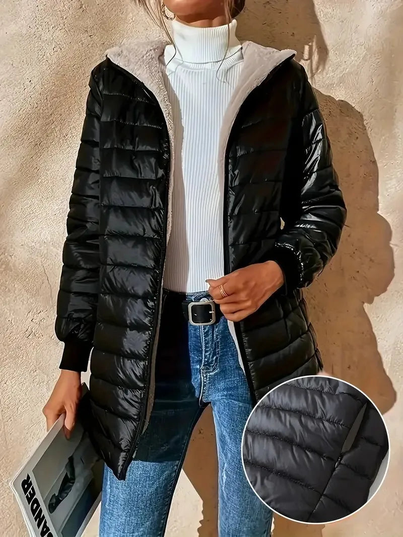 Women's fleece-lined cotton jacket, warm top, loose fit, lightweight, hooded, cotton coat, street style, trendy, autumn/winter
