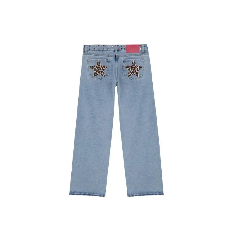 Y2K Vintage jean Flash argent étoile motif métal Rivet jean femme Baggy décontracté jambe droite Denim pantalon Simple femmes vêtements