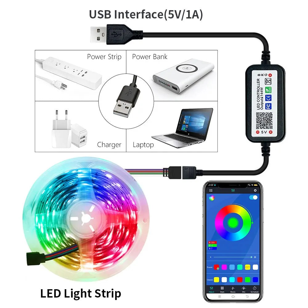 5M USB Led Bande Lumières RGB 2835 60 LED Bluetooth APP Contrôle Luces Led Flexible Diode Décoration Pour Salon Lampe Ruban