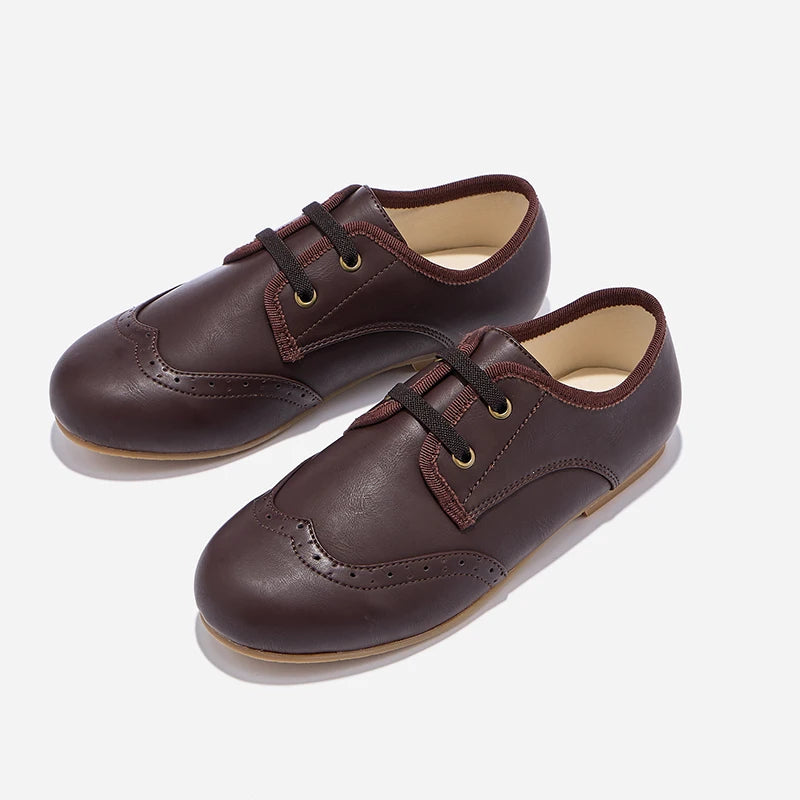 W-AP8-003 chaussures habillées pour enfants en cuir marron noir velours lacets décoratifs chaussures de conception classique nouvel hiver