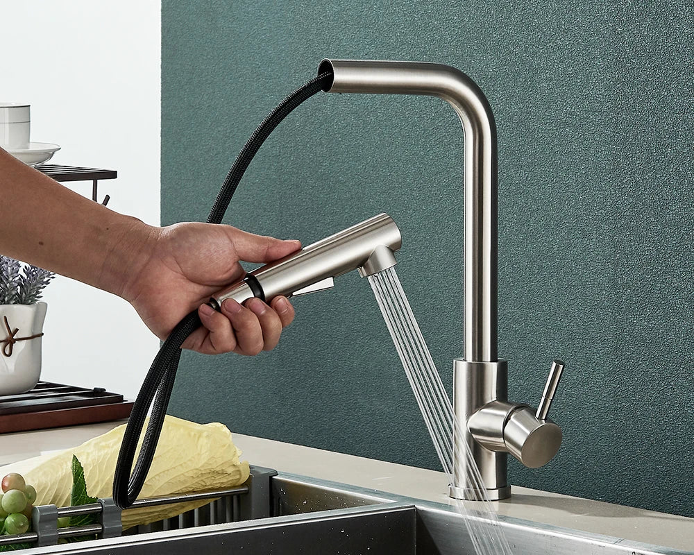 Évier de cuisine flexible à nervures noires, 2 modes, flux et buse de pulvérisateur, acier inoxydable, eau chaude et froide, pont de robinet de centre commercial