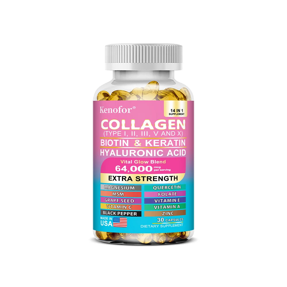 Kenofor collagène 1000 mg avec biotine 10,000 mcg, kératine acide hyaluronique vitamine C formule saine complément alimentaire sans gluten