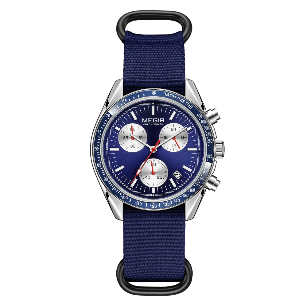 MEGIR montre à Quartz à trois yeux pour hommes bracelet tressé en Nylon étanche sport lumineux avec chronographe montre-bracelet de mode homme
