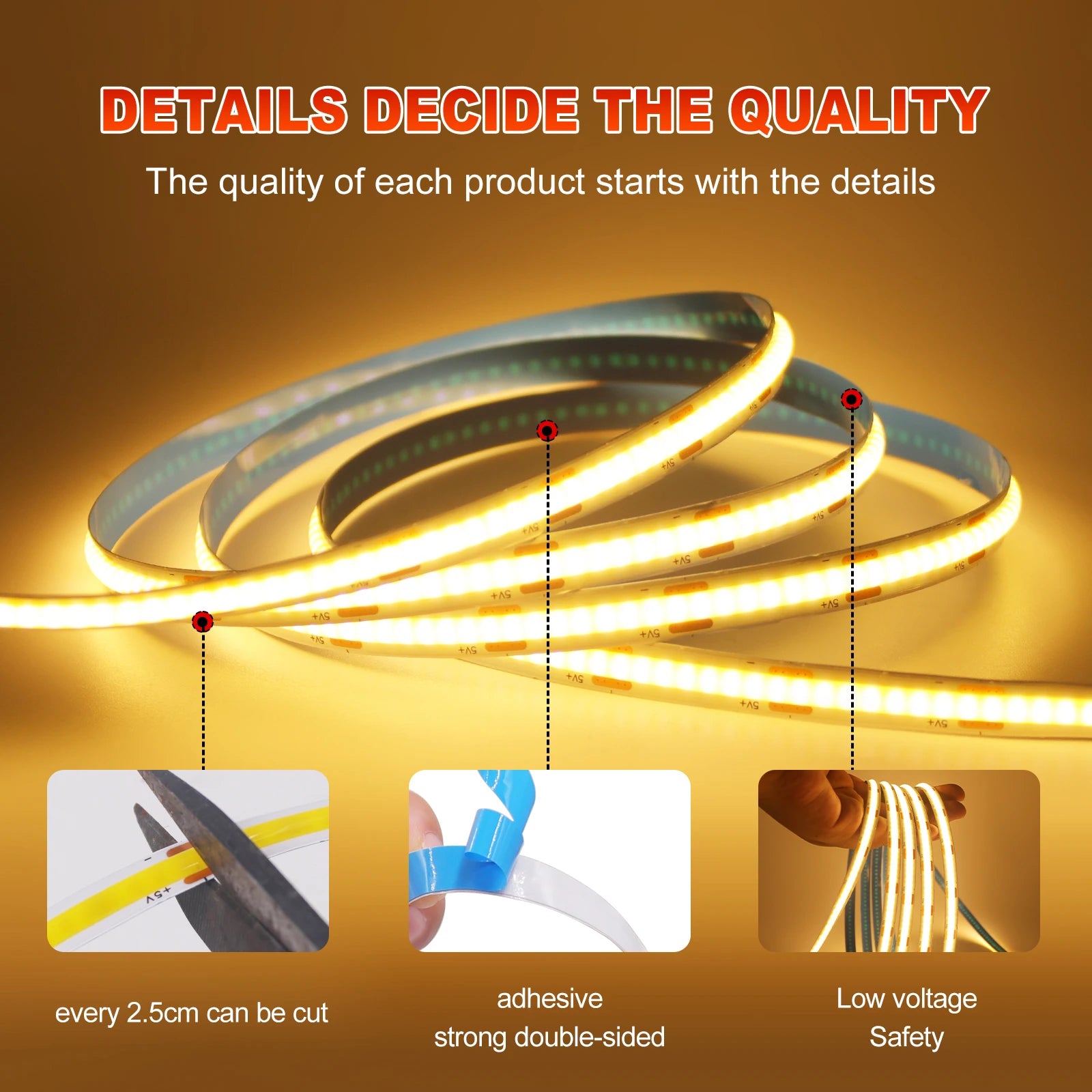 5V USB LED Strip Light, 320 LEDs/M COB, Dimmable Touch Sensor Switch/Push Switch, DIY, TV Mirror, Backlighting, Night Light for Room
