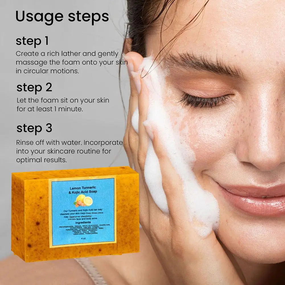Savon biologique à l'acide kojique au citron et au curcuma pour les taches foncées, savon au curcuma pour le lavage du visage, éclaircissant, correcteur de taches foncées, soins pour la peau