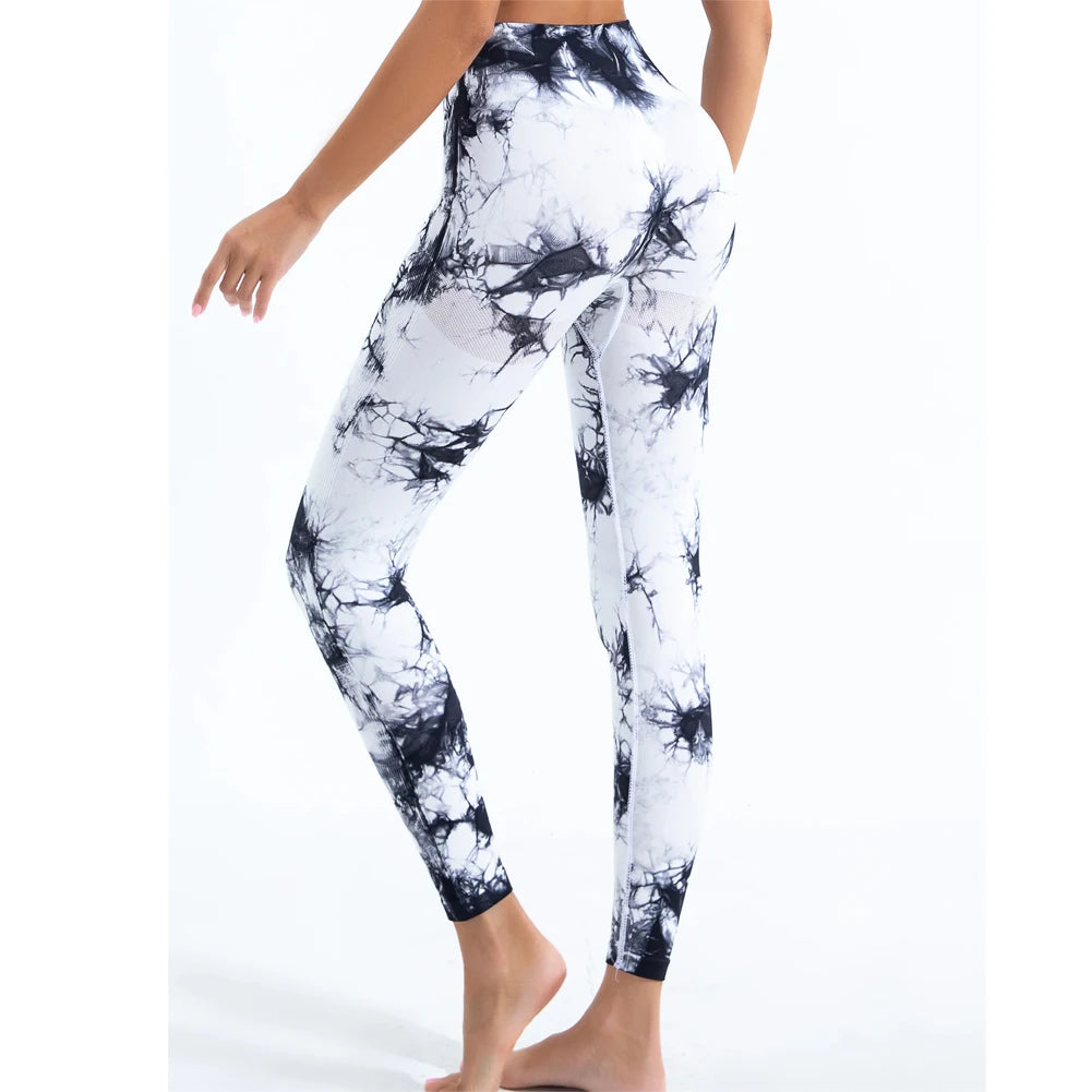 Women's stretch yoga pants, knot-dyed, seamless, peach-buttocks, high waist