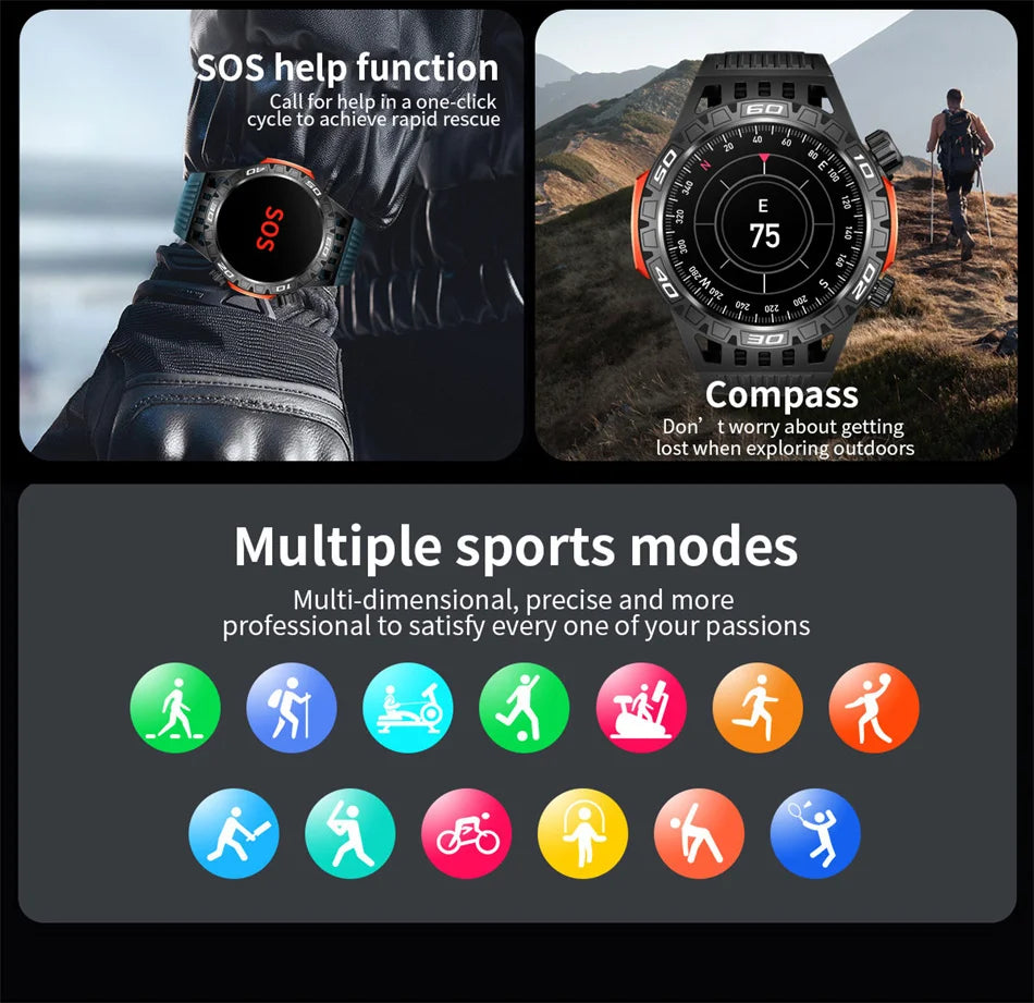 Montre intelligente étanche avec éclairage LED pour homme, boussole, tracker de fitness sportif, IP68, Bluetooth, conversation, Android, iOS