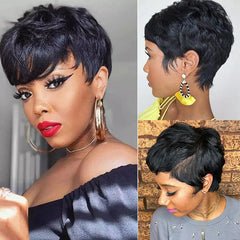 Cheap short human hair wigs, bob pixie cut human hair wig for women, Brazilian hair human hair wig, colored wig with bangs