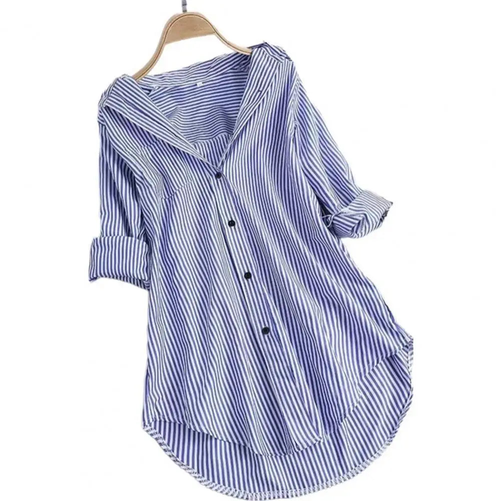 Chemisier Tunique Femme Rayé à Manches Longues Col V Mi-long Col Rabattu Coupe Ample Décontracté Élégant Été Tailles M-4XL
