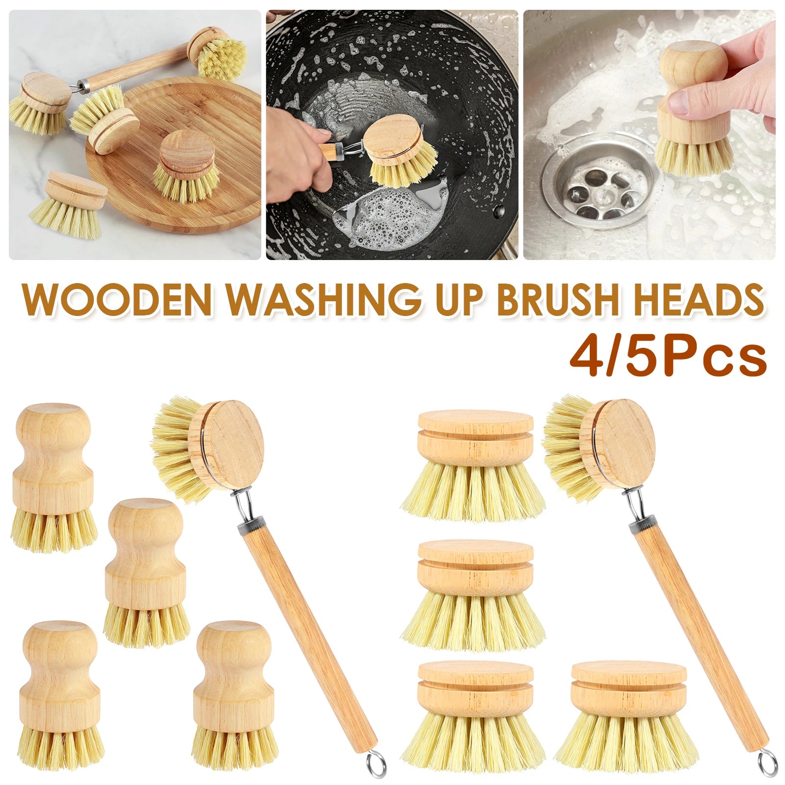 Brosses à vaisselle en bambou remplaçables, épurateurs de nettoyage en bois de cuisine, outil de nettoyage ménager, 4/5 pièces