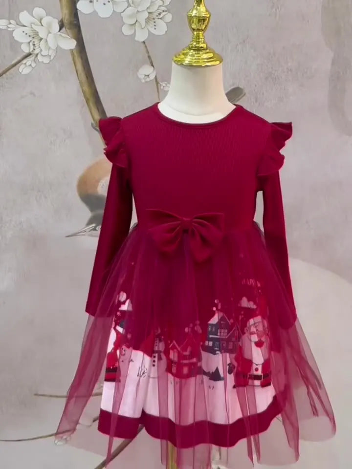 Robe de noël pour filles, tenue de princesse en Tulle à manches longues, imprimé père noël, robe de soirée pour enfants de 4 à 8 ans, automne hiver 2025
