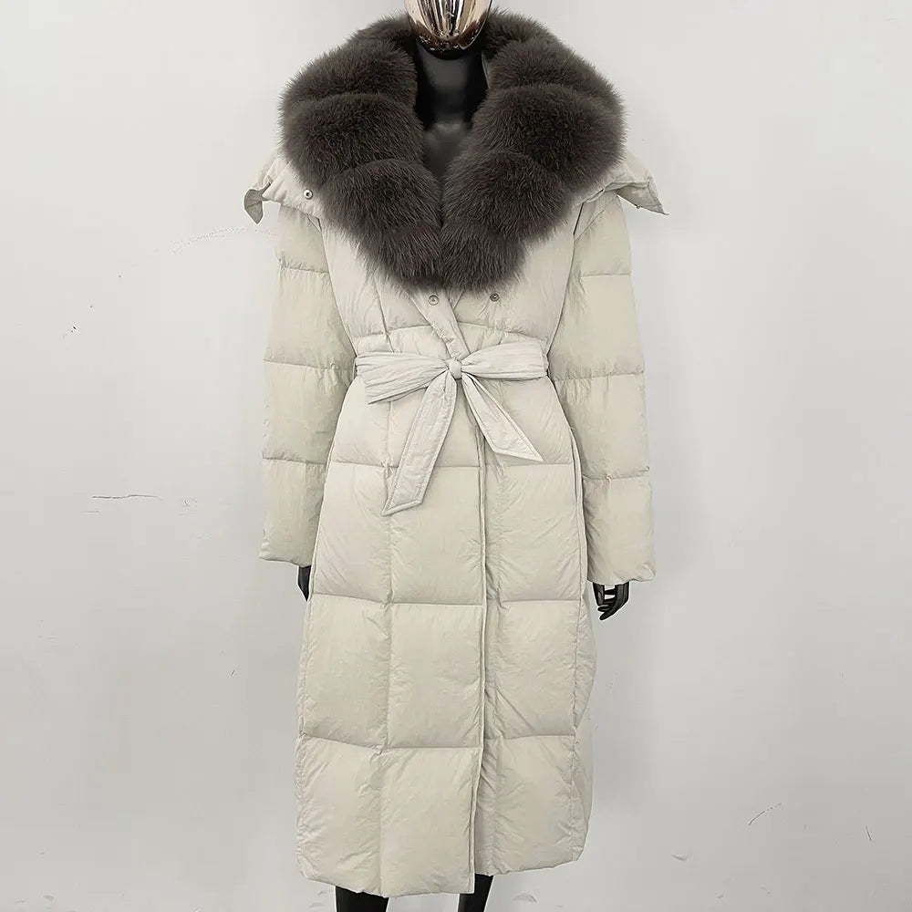 Veste d'hiver chaude et élégante pour femme, avec ceinture à capuche, simple boutonnage, col en vraie fourrure de renard, manteau épais et ample en duvet de canard blanc