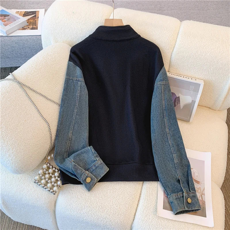 Ensemble pantalon en Denim, col montant, Patchwork, manteaux de rue, hauts à jambes larges, jean gothique droit, Vintage, ensemble deux pièces Simple