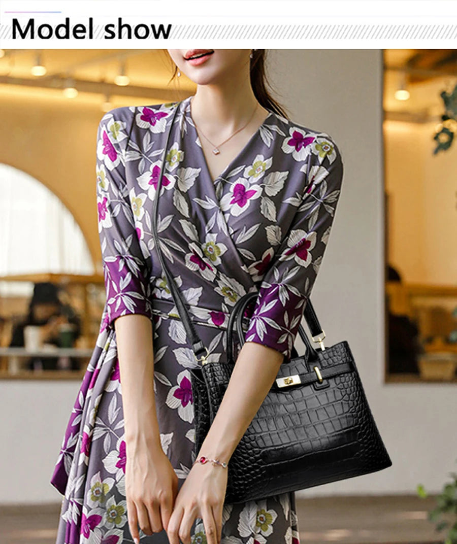 Famous brand women's handbags, high quality crocodile stripe three-piece designer shoulder bag/tote bag 