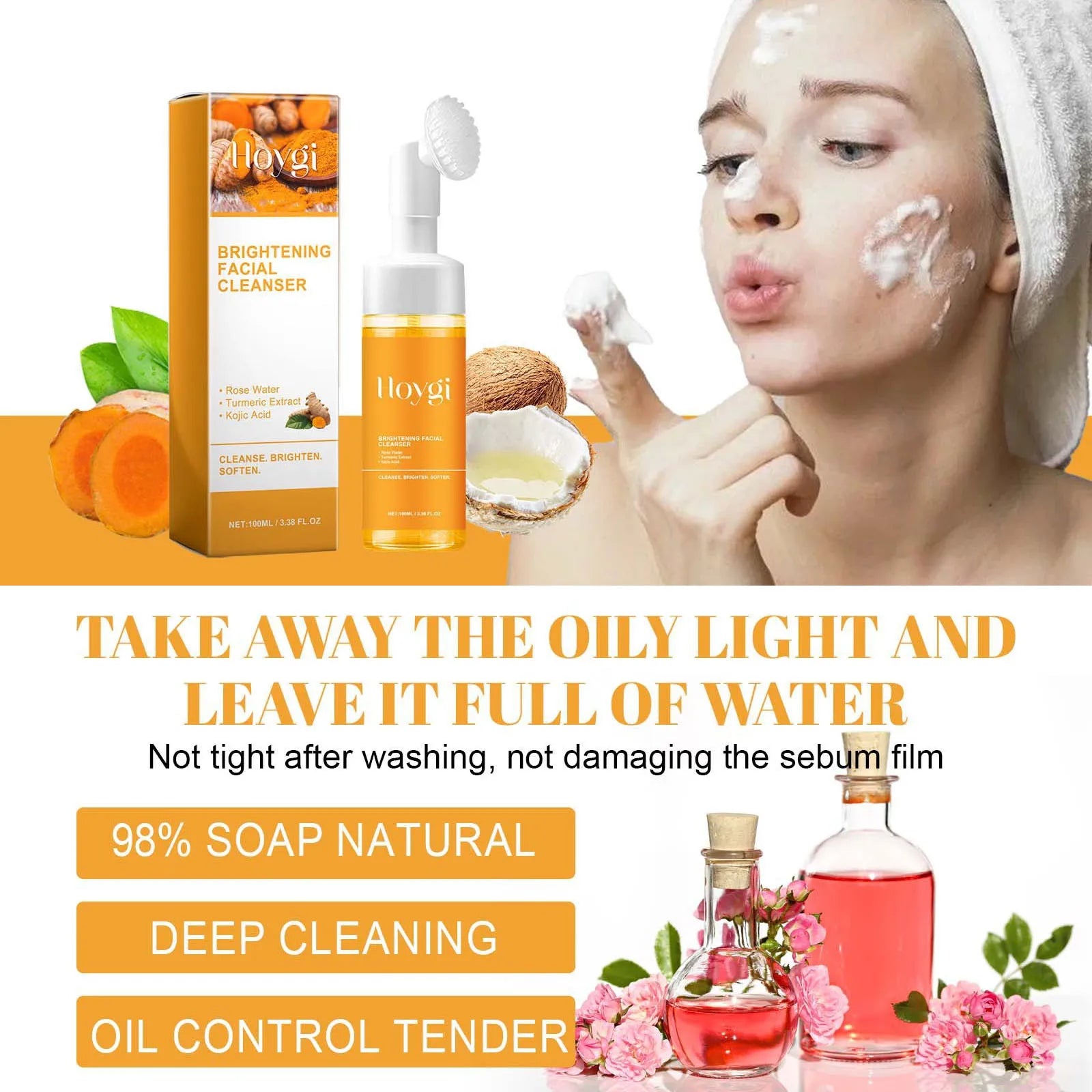 Nettoyant au curcuma, contrôle de l'huile, élimination des taches foncées, Anti-acné, nettoyage en profondeur, rétrécissement des pores, crème hydratante à la vitamine C
