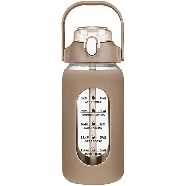 Bouteilles d'eau en verre de 1000ML avec paille, bouteille en verre avec manchon en Silicone et marqueur de temps, pour salle de sport, Camping, maison et bureau