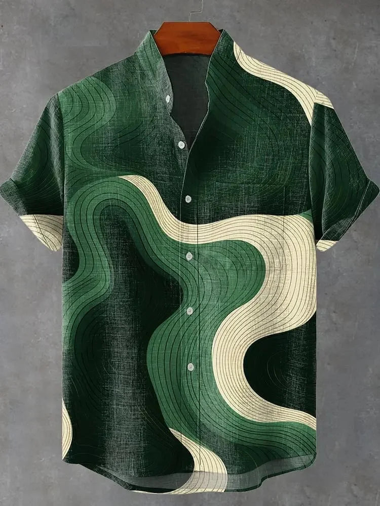 Chemise à manches longues et col montant pour homme, nouvelle collection printemps-automne, impression en 3D, rayures irrégulières