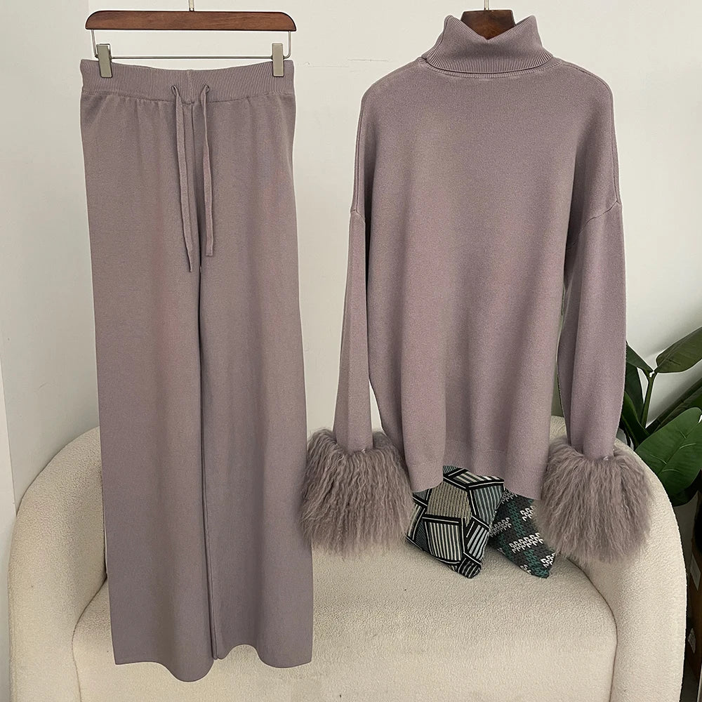 Ensemble pull et pantalon tricotés en laine et mélange pour femme, avec poignets en vraie fourrure de mouton mongole, costume tricoté de haute qualité 2025