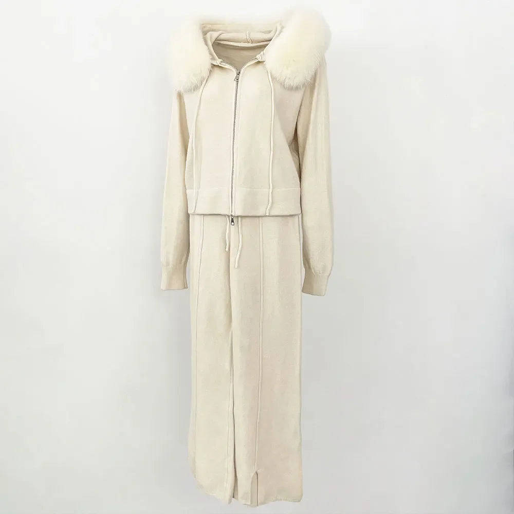 Women's fox fur collar coat, hooded jacket with detachable handles, fashionable knitwear, cozy sweater, autumn, winter, 2024