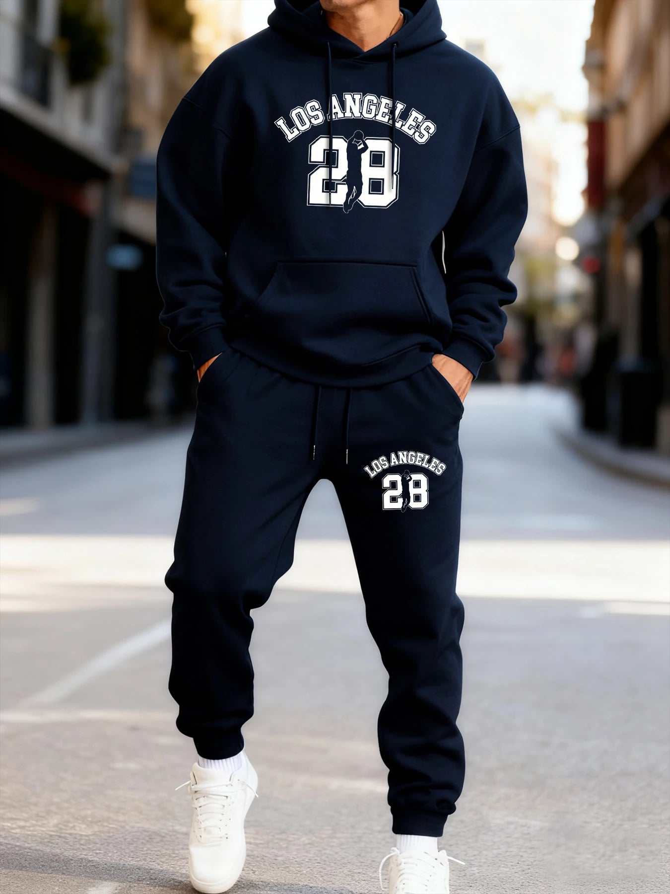 Los Angeges numéro 28 imprimé homme ensemble à capuche hiver sportif deux pièces ensembles longue longueur rue à capuche Couple pantalons confortables