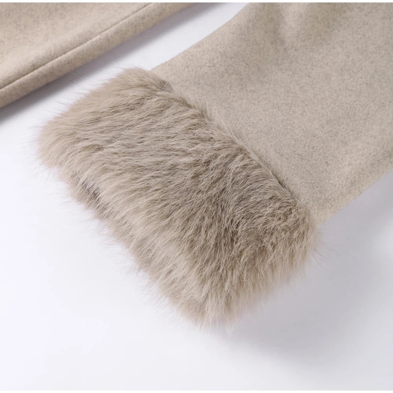 Manteau Long à lacets pour femme, manteau de bureau élégant en laine, fourrure, Patchwork, manches longues, vestes Cardigan amples, nouvelle collection 2025
