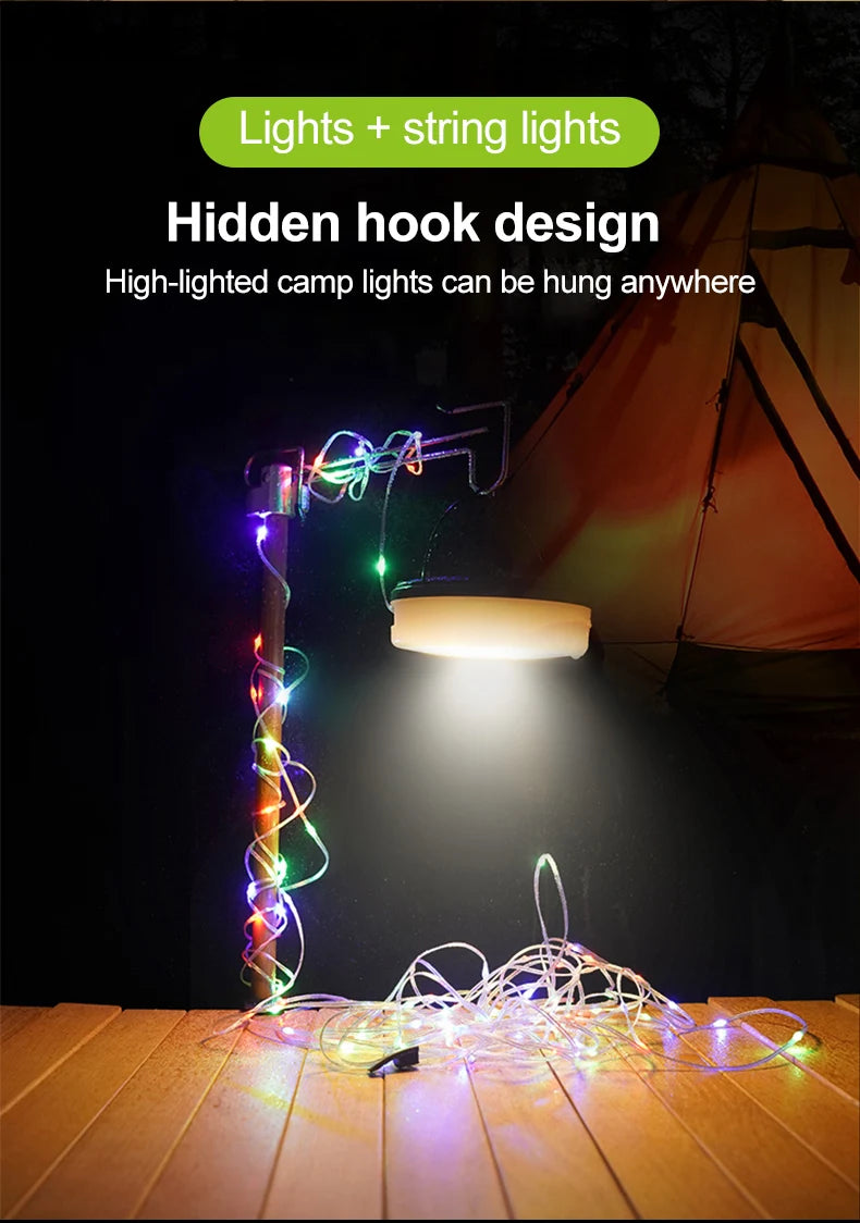 Guirxiété Solar Light for Outdoor Camping, LED Flashlight with Hook, Tent Light, RGB Lights, Stopovers, 10m