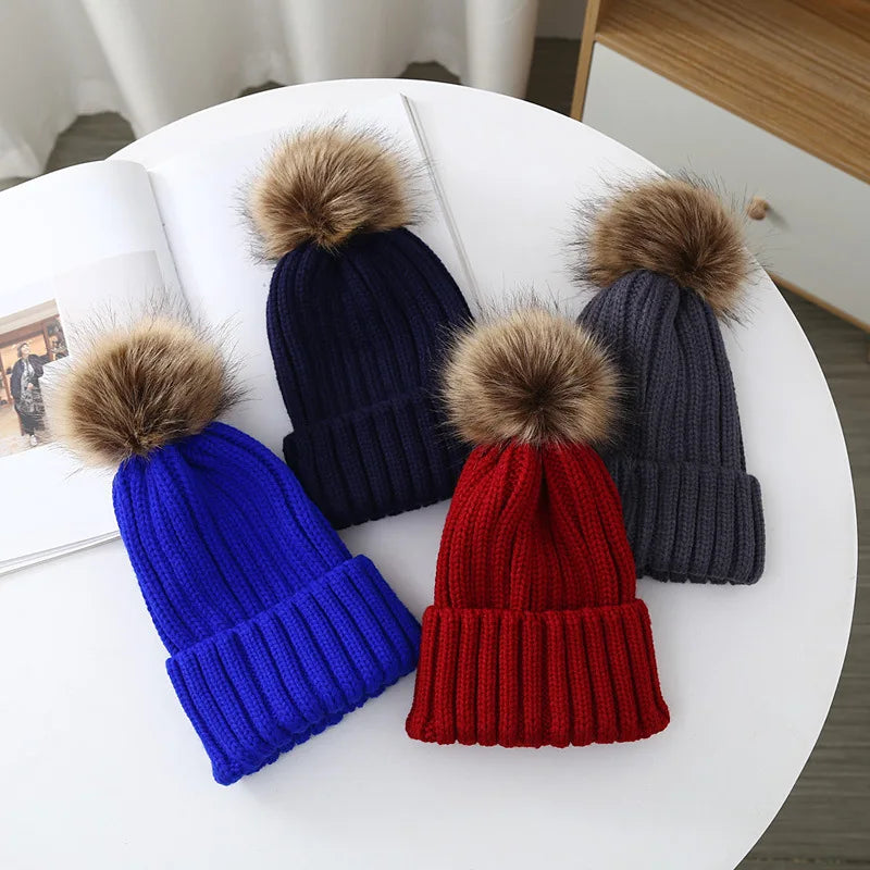 Chapeaux d'hiver pour enfants, pour filles et garçons, grand pompon, épais et chaud, tricoté, pour adultes et enfants, pull classique unisexe, casquettes Parent-enfant