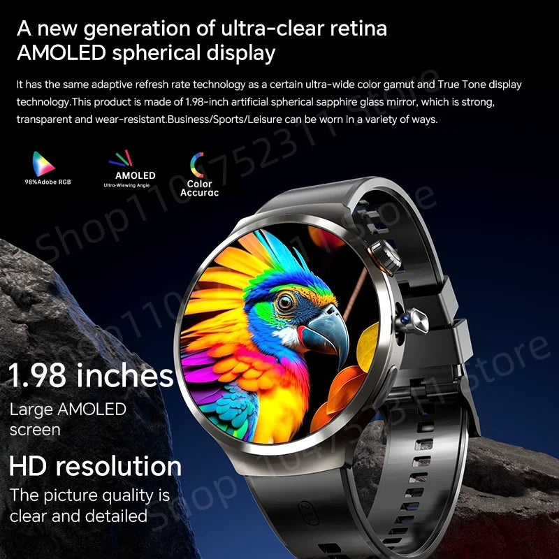 Smartwatch avec grand écran Amoled 1,98 pouces 210 °   Caméra rotative GPS Position surveillance de la santé Android 13.0 montre intelligente hommes