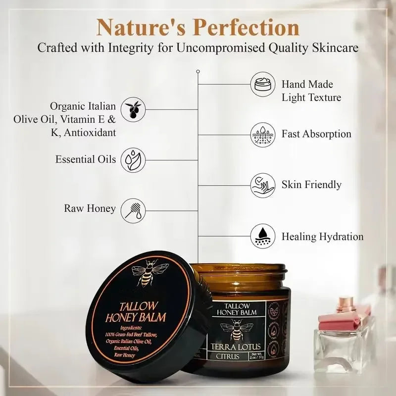 Baume Tallow de boeuf alimenté en herbe biologique, crème hydratante au miel cru pour une peau douce et lisse, hydratant entièrement naturel fait à la main