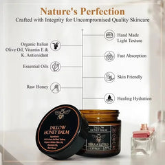 Baume Tallow de boeuf alimenté en herbe biologique, crème hydratante au miel cru pour une peau douce et lisse, hydratant entièrement naturel fait à la main