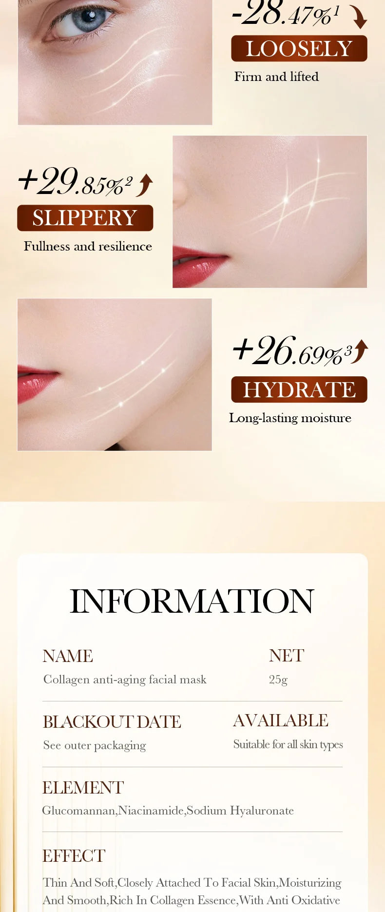 Masque Facial Anti-rides au collagène Bio, Anti-vieillissement, estompe les ridules, raffermissant, hydratant en profondeur, éclaircissant, réparation, soins pour la peau