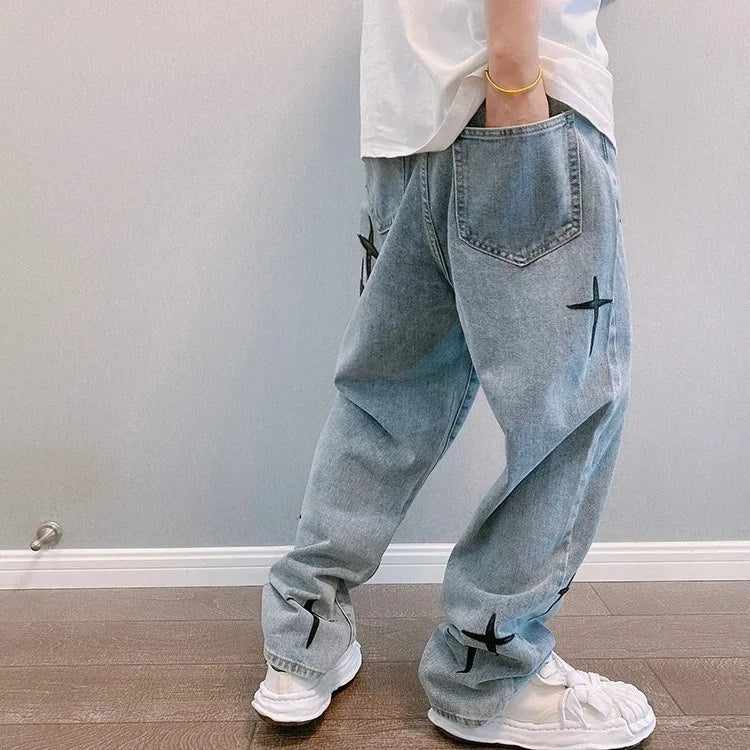 Boyfriend Vintage mode droite décontracté ample Denim Cargo pantalon hommes concepteur imprime étoile jean Streetwear ample jambe large jean