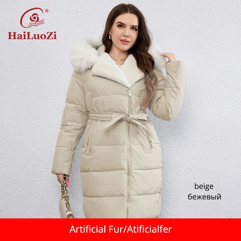 HaiLuoZi-Doudoune Longue en Coton pour Femme avec Ceinture en Fourrure, Manteau à Revers, Fermeture Éclair Indépendante, Vêtements d'Extérieur, Nouvelle Collection Hiver 2023, 1171