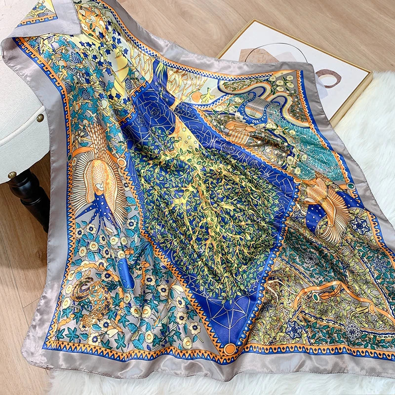 2025 Design marque foulard foulard châle enveloppes imprimer soie Satin écharpe carré femmes musulman Hijab élégant bandeau Bandana