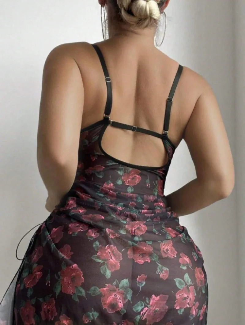 Nuisettes sexy Lingerie Femme Robe de nuit Robe licou à imprimé floral - Robe dos nu luxueuse et séduisante Pyjamas sexy