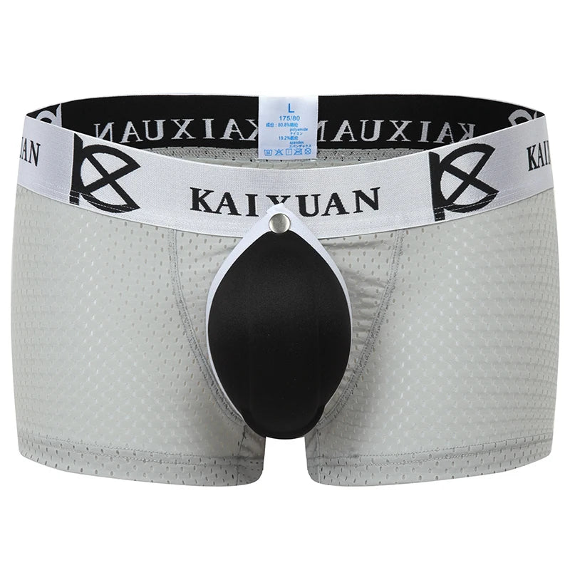 Men's underwear boxer shorts with removable front, jockstraps, and padded briefs.