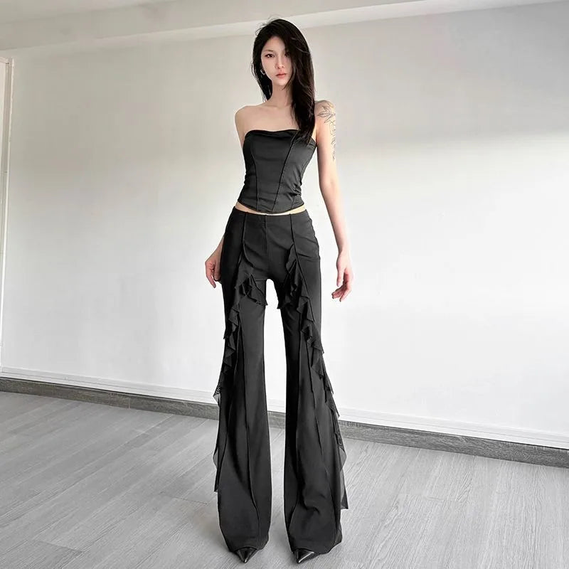 Women's high-waisted bootcut trousers, retro style, ruffled seams, with a sense of design, slimming trousers