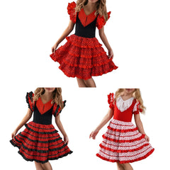 Robe de danse traditionnelle espagnole pour filles, robe de Festival à pois avec pompon, quatre couleurs, jupe classique de Style Flamengo gitane pour enfants