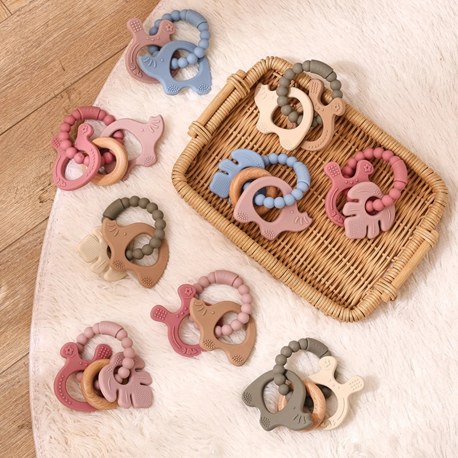 Anneau de dentition en Silicone pour bébé, 1 pièce, sans BPA, Bracelet en Silicone, feuille, jouets de dentition, anneau en bois, dent d'allaitement, jouets cadeaux pour nouveau-né