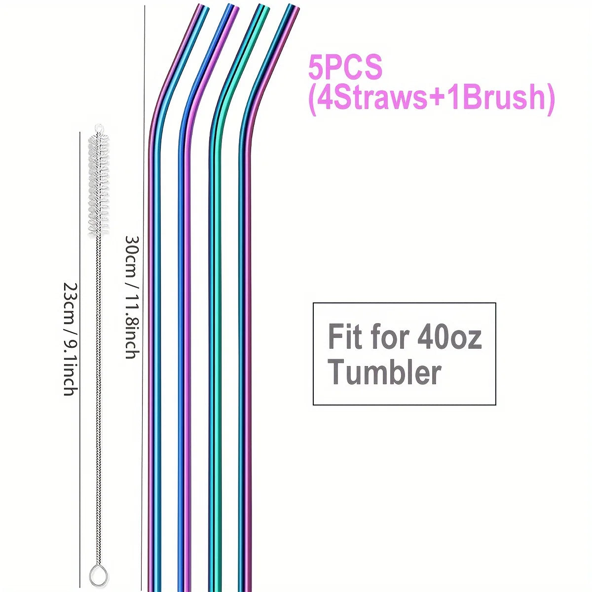 Paille de couleur réutilisable en acier inoxydable, 21cm 26cm 30cm, adaptée à une tasse de capacité de 20oz 30oz 40oz avec brosse