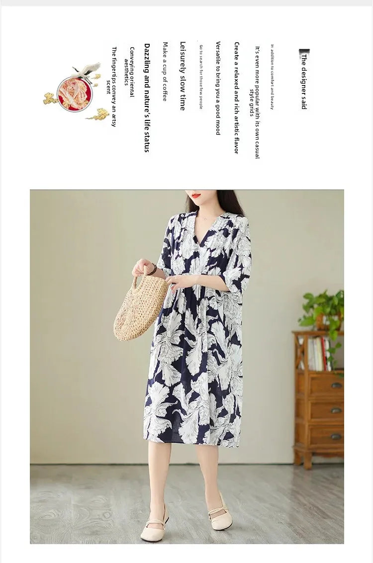 Robe mi-longue amincissante pour femmes, grande taille, imprimé Vintage, ceinture, taille ample, nouveau Style, longueur aux genoux, col en v, Fiber de Polyester, été