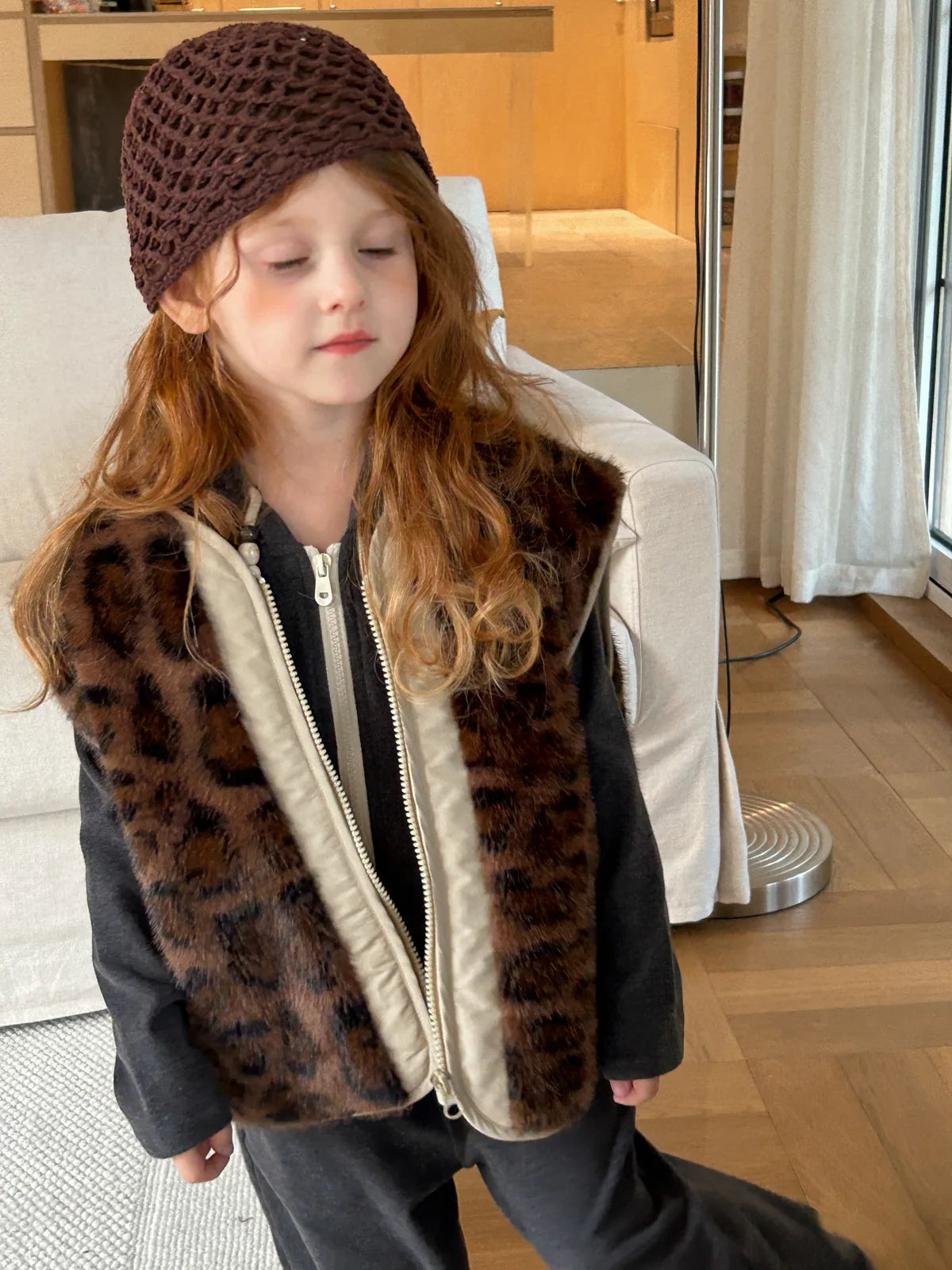 Manteau d'hiver pour filles, nouvelle mode, style occidental, fourrure intégrée, imprimé léopard, gilet en fourrure, tenue chaude quotidienne, 2025