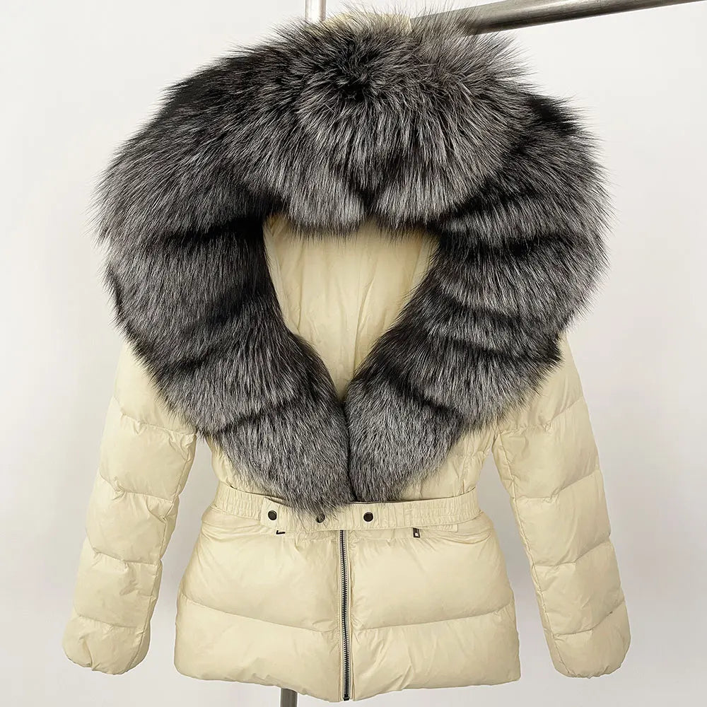 OFTBUY 2024 veste d'hiver femmes naturel réel raton laveur col de fourrure de renard à capuche blanc canard vers le bas manteau ceinture épais chaud vêtements d'extérieur décontractés