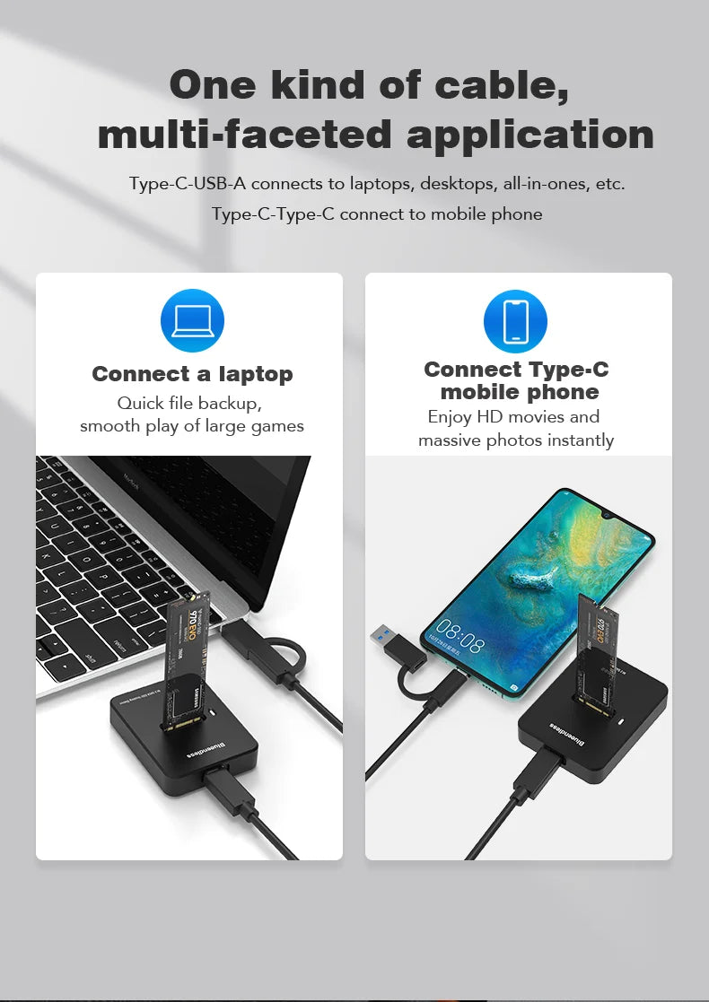 10Gbps M.2 NVMe/SATA SSD Enclosure, External Read and Write Docking Station for PC, 4TB Dual Protocol Solid State Adapter