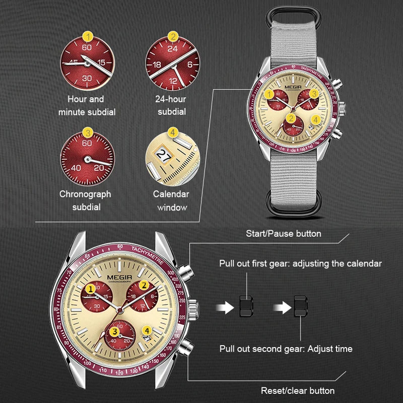 MEGIR montre à Quartz à trois yeux pour hommes bracelet tressé en Nylon étanche sport lumineux avec chronographe montre-bracelet de mode homme