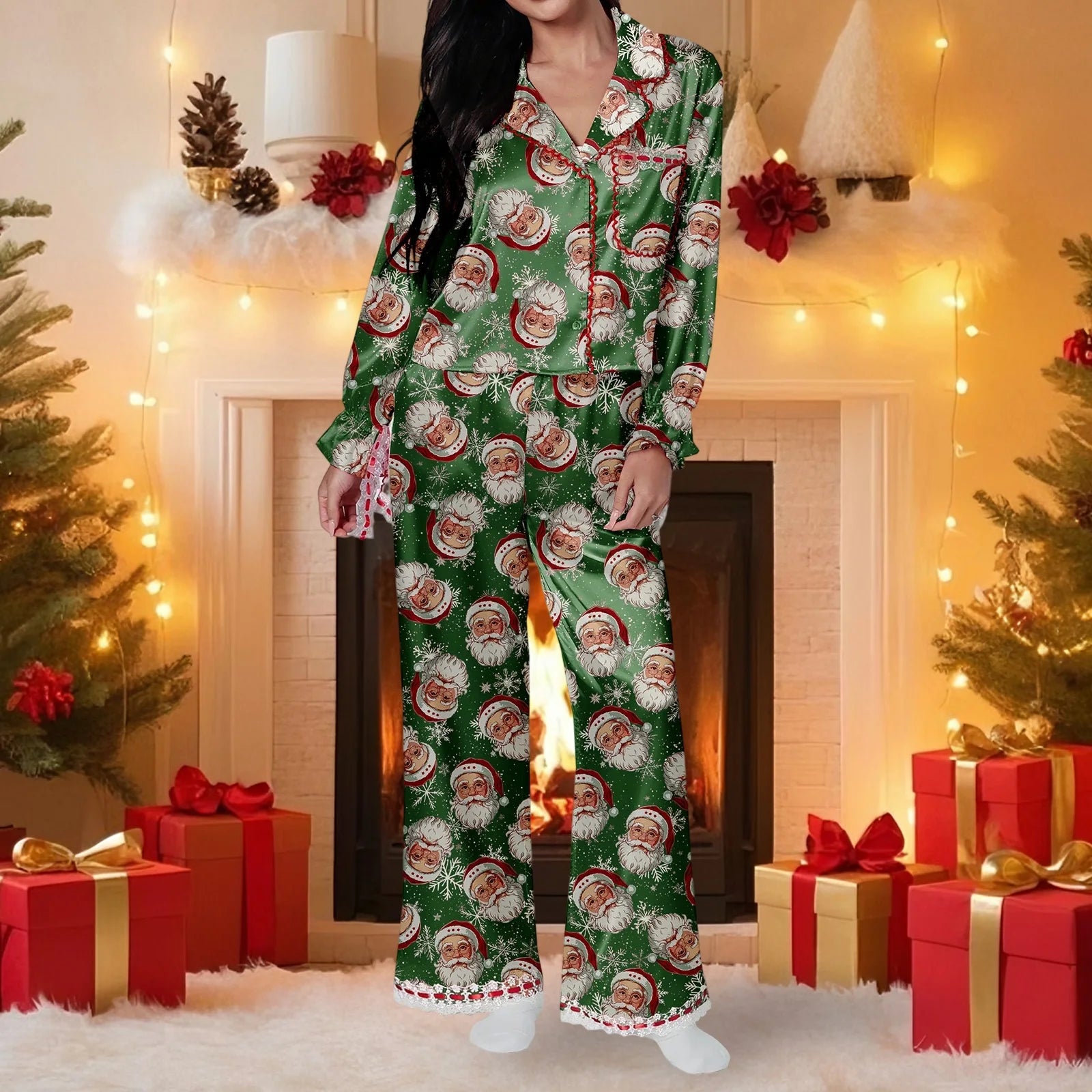 Ensemble pyjama de noël 2 pièces pour femmes, imprimé père noël/arc, dentelle en Satin, à nouer, manches longues, chemises à boutons, pantalons, vêtements de nuit