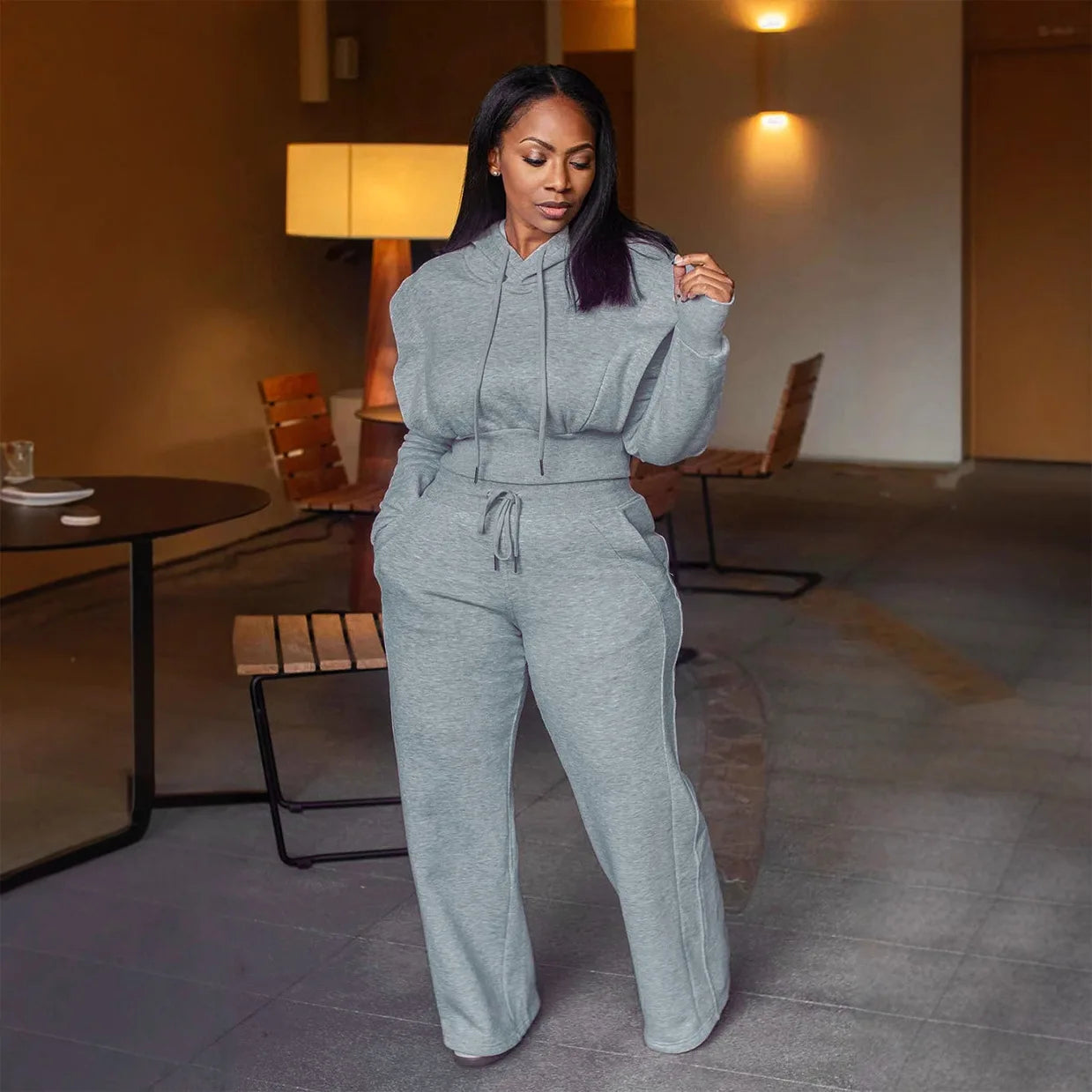HLJ-Ensemble Deux Pièces Gris Décontracté pour Femme, Haut Court à Manches sulf, Pantalon à Jambes Larges, Survêtement Féminin