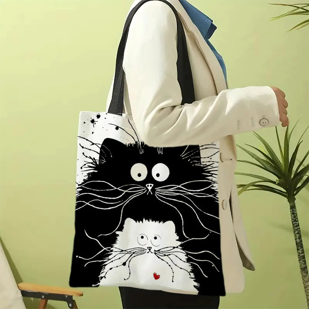 Fourre-tout réutilisable en lin imprimé chats mignons, sac de rangement d'épicerie, sac à bandoulière Portable de grande capacité, fourre-tout lavable en Machine