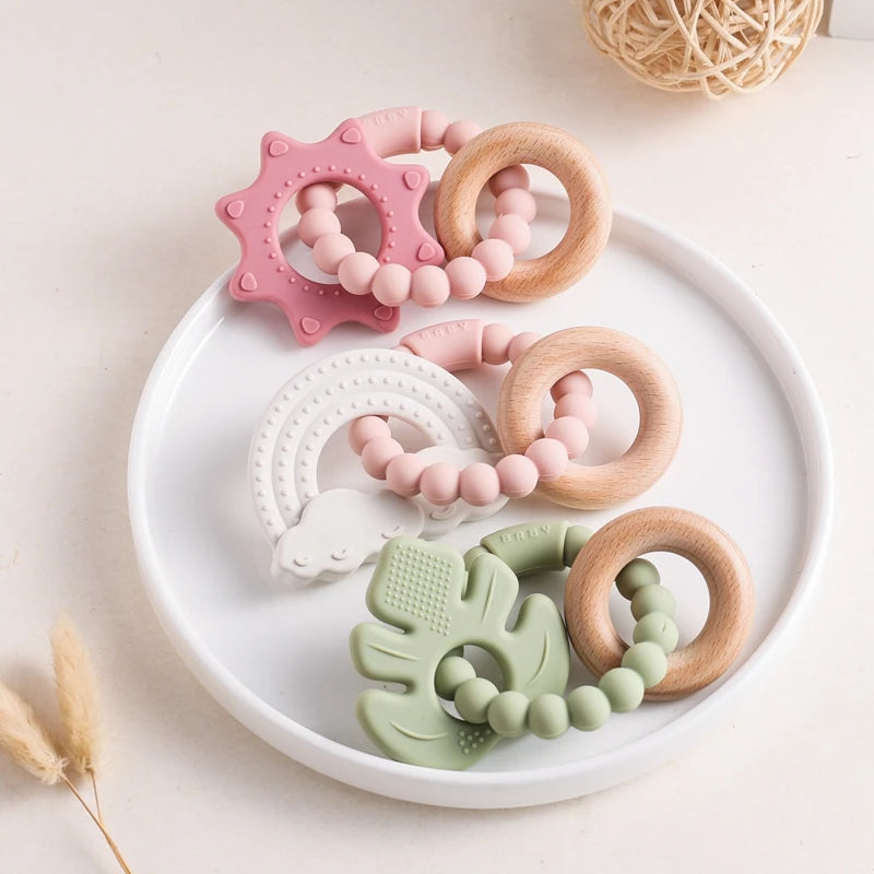 Anneau de dentition en Silicone pour bébé, 1 pièce, sans BPA, Bracelet en Silicone, feuille, jouets de dentition, anneau en bois, dent d'allaitement, jouets cadeaux pour nouveau-né